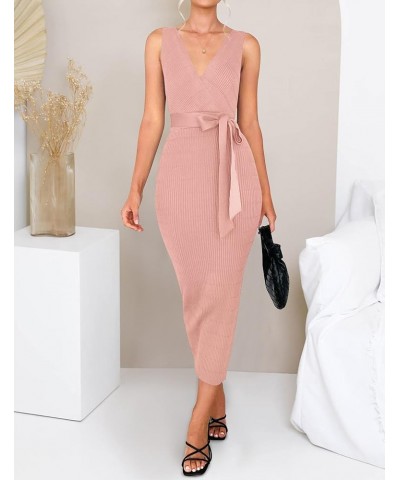 Women's Summer Knitted Bodycon Midi Dress Elegant Wrap V Neck Sleeveless Tie Waist Sweater Dresses Pink $20.25 Sweaters