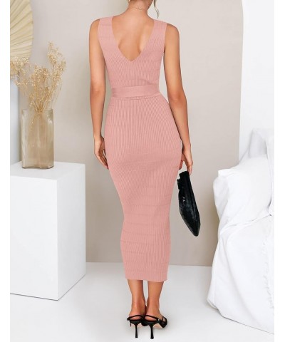 Women's Summer Knitted Bodycon Midi Dress Elegant Wrap V Neck Sleeveless Tie Waist Sweater Dresses Pink $20.25 Sweaters