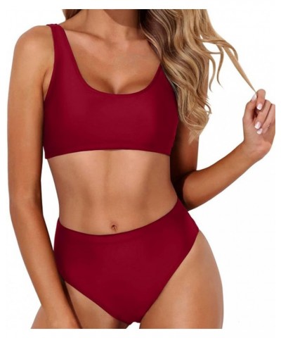 Womens High Waist Bikini Sets Sporty Color Block Two Piece Swimsuits Scoop Neck Cheeky Bathing Suits Surfing Swimwear B1_wine...