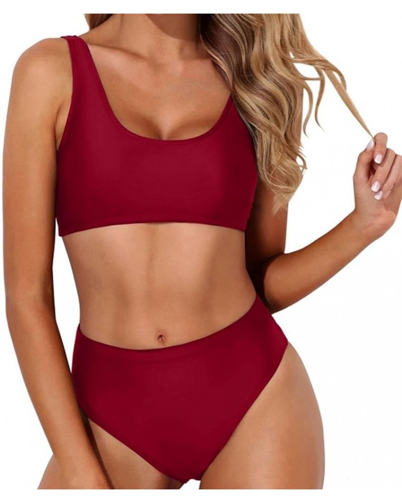 Womens High Waist Bikini Sets Sporty Color Block Two Piece Swimsuits Scoop Neck Cheeky Bathing Suits Surfing Swimwear B1_wine...