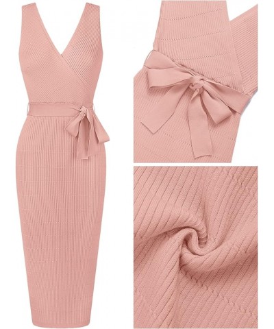 Women's Summer Knitted Bodycon Midi Dress Elegant Wrap V Neck Sleeveless Tie Waist Sweater Dresses Pink $20.25 Sweaters