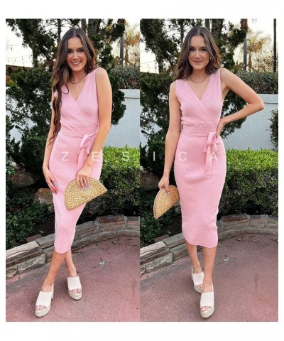 Women's Summer Knitted Bodycon Midi Dress Elegant Wrap V Neck Sleeveless Tie Waist Sweater Dresses Pink $20.25 Sweaters