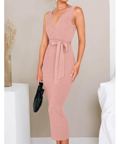 Women's Summer Knitted Bodycon Midi Dress Elegant Wrap V Neck Sleeveless Tie Waist Sweater Dresses Pink $20.25 Sweaters