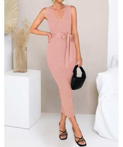 Women's Summer Knitted Bodycon Midi Dress Elegant Wrap V Neck Sleeveless Tie Waist Sweater Dresses Pink $20.25 Sweaters