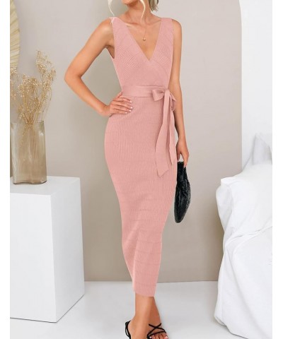 Women's Summer Knitted Bodycon Midi Dress Elegant Wrap V Neck Sleeveless Tie Waist Sweater Dresses Pink $20.25 Sweaters