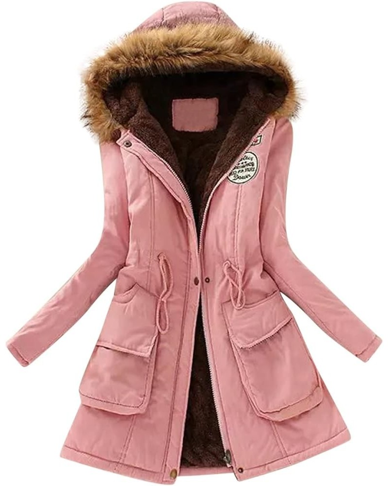 Womens Winter Warm Coats Sherpa Lined Parkas Jacket Thicken Outerwear With Fur Hood Plus Size Puffer Down Parka Pink $13.52 J...