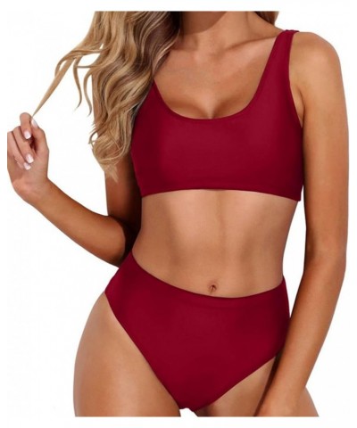 Womens High Waist Bikini Sets Sporty Color Block Two Piece Swimsuits Scoop Neck Cheeky Bathing Suits Surfing Swimwear B1_wine...