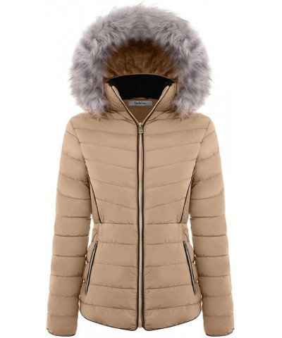 Women's Belted Down Puffer Jacket with Faux Fur Trim HoodÉ Light Brown $25.17 Jackets