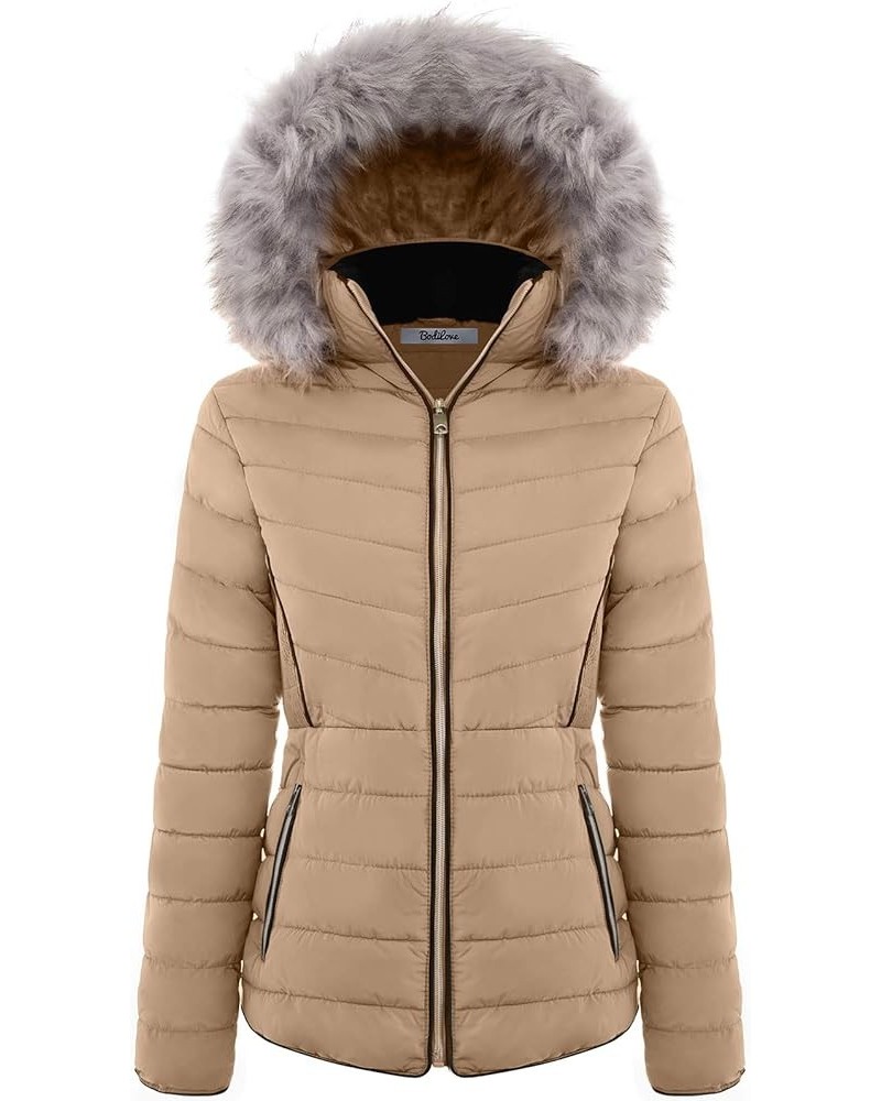 Women's Belted Down Puffer Jacket with Faux Fur Trim HoodÉ Light Brown $25.17 Jackets