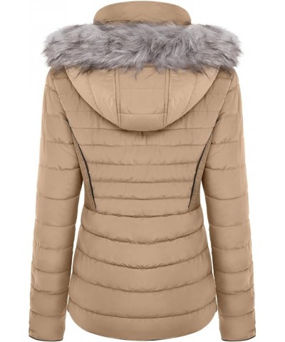 Women's Belted Down Puffer Jacket with Faux Fur Trim HoodÉ Light Brown $25.17 Jackets