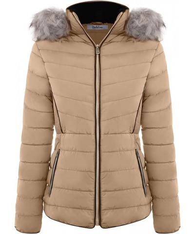 Women's Belted Down Puffer Jacket with Faux Fur Trim HoodÉ Light Brown $25.17 Jackets