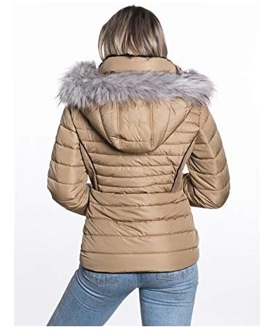 Women's Belted Down Puffer Jacket with Faux Fur Trim HoodÉ Light Brown $25.17 Jackets