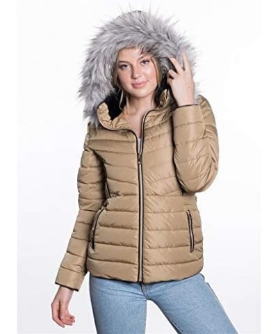 Women's Belted Down Puffer Jacket with Faux Fur Trim HoodÉ Light Brown $25.17 Jackets