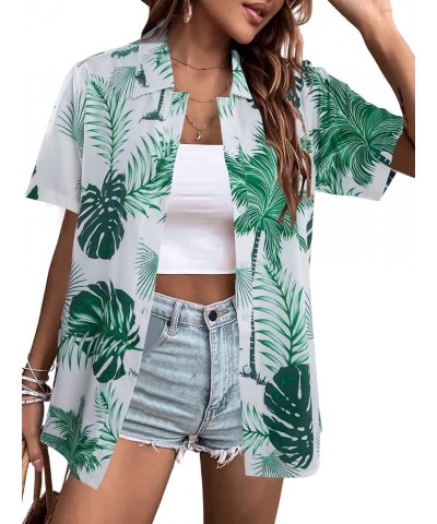 Hawaiian Shirts for Women Floral Leaves Printed Shirt Tropical Button Down Tops Summer Beach Blouse Green White $13.99 Blouses