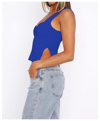 Women's Sleeveless Slim Crop Tank Top Sexy Pleated Bustier Sweetheart Neck Strappy Slits Cropped Vest Cami Royal Blue $10.25 ...