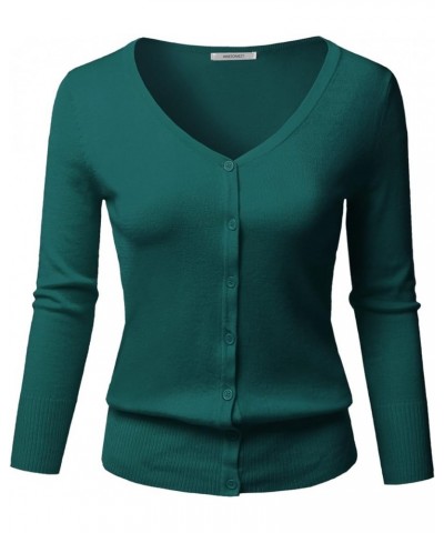 Women's Solid Button Down V-Neck 3/4 Sleeves Knit Cardigan Aawcat0001 Peacock $14.40 Sweaters