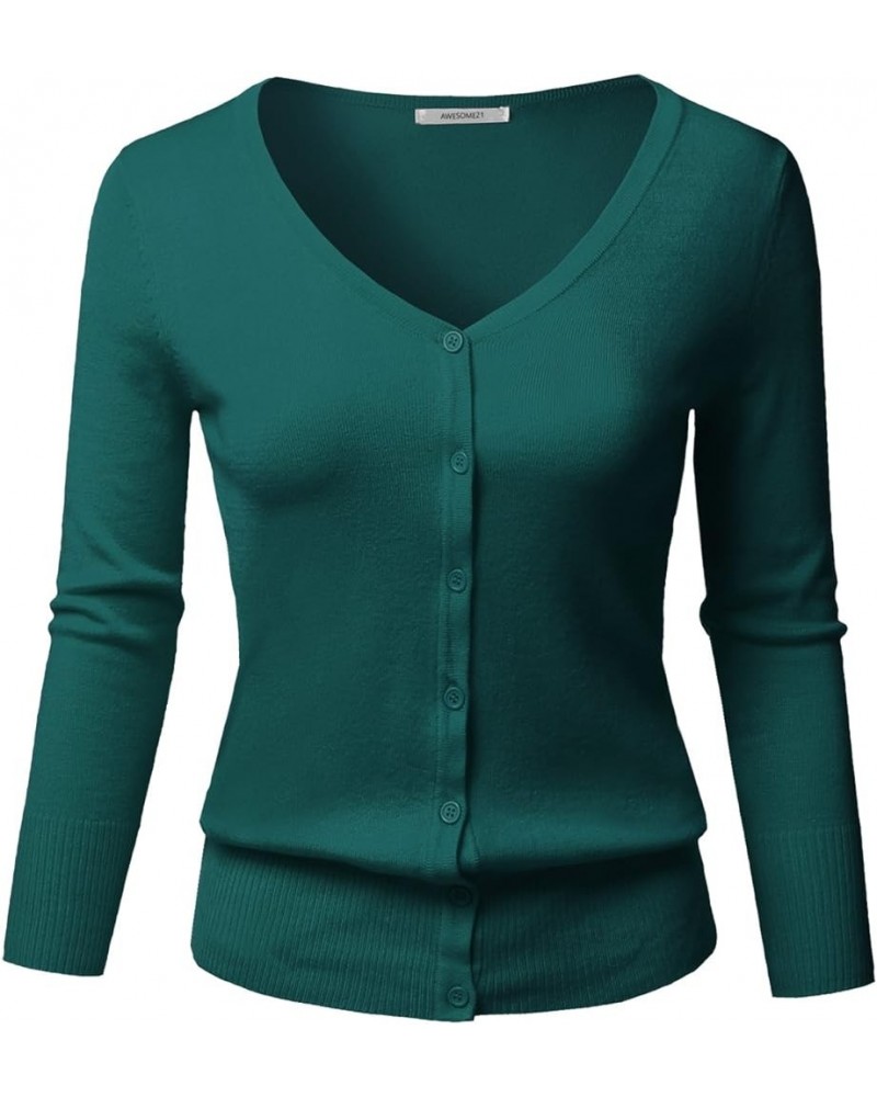 Women's Solid Button Down V-Neck 3/4 Sleeves Knit Cardigan Aawcat0001 Peacock $14.40 Sweaters