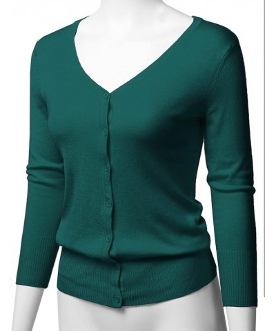 Women's Solid Button Down V-Neck 3/4 Sleeves Knit Cardigan Aawcat0001 Peacock $14.40 Sweaters