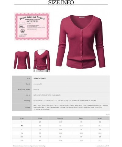 Women's Solid Button Down V-Neck 3/4 Sleeves Knit Cardigan Aawcat0001 Peacock $14.40 Sweaters