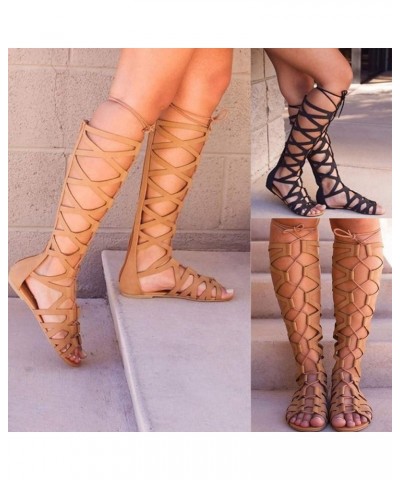 Sandals for Women Lace Up,Gladiator Sandals Platform Summer Beach Strappy Criss Cross Open Toe Knee High Flat Sandal Z2-brown...