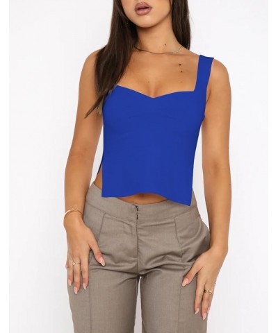 Women's Sleeveless Slim Crop Tank Top Sexy Pleated Bustier Sweetheart Neck Strappy Slits Cropped Vest Cami Royal Blue $10.25 ...