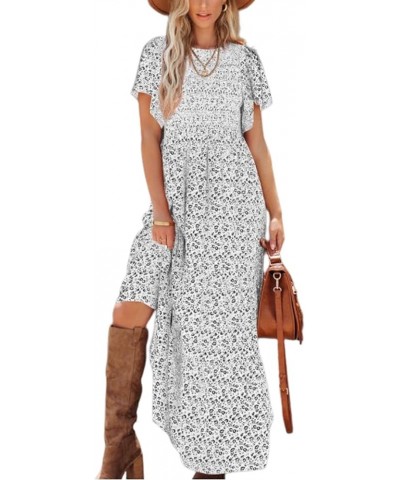 Women's 2024 Summer Casual Flutter Short Sleeve Boho Floral Maxi Dress Crew Neck Smocked Tiered Long Dresses White $26.39 Dre...