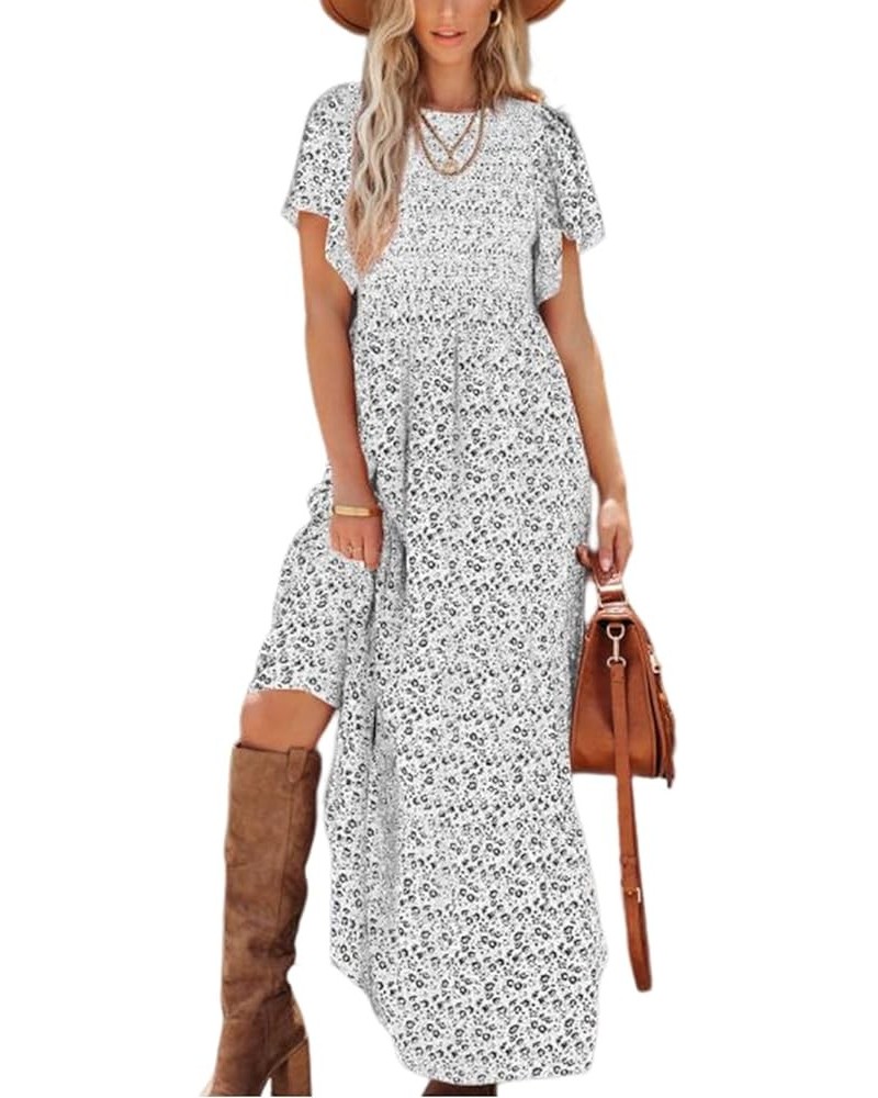 Women's 2024 Summer Casual Flutter Short Sleeve Boho Floral Maxi Dress Crew Neck Smocked Tiered Long Dresses White $26.39 Dre...