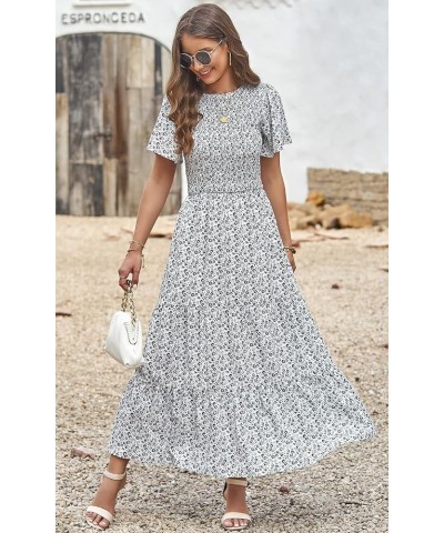 Women's 2024 Summer Casual Flutter Short Sleeve Boho Floral Maxi Dress Crew Neck Smocked Tiered Long Dresses White $26.39 Dre...