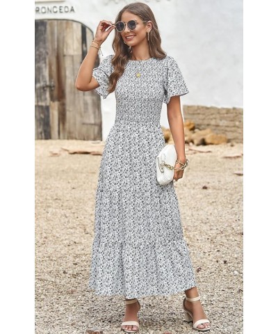 Women's 2024 Summer Casual Flutter Short Sleeve Boho Floral Maxi Dress Crew Neck Smocked Tiered Long Dresses White $26.39 Dre...