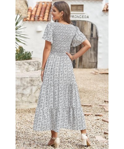 Women's 2024 Summer Casual Flutter Short Sleeve Boho Floral Maxi Dress Crew Neck Smocked Tiered Long Dresses White $26.39 Dre...