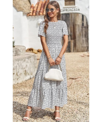 Women's 2024 Summer Casual Flutter Short Sleeve Boho Floral Maxi Dress Crew Neck Smocked Tiered Long Dresses White $26.39 Dre...