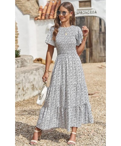 Women's 2024 Summer Casual Flutter Short Sleeve Boho Floral Maxi Dress Crew Neck Smocked Tiered Long Dresses White $26.39 Dre...