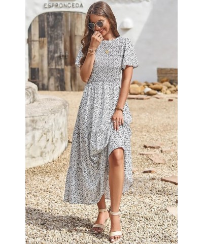 Women's 2024 Summer Casual Flutter Short Sleeve Boho Floral Maxi Dress Crew Neck Smocked Tiered Long Dresses White $26.39 Dre...