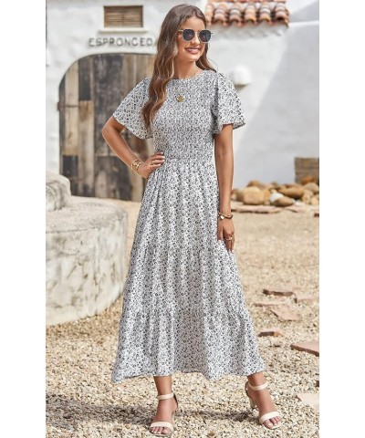 Women's 2024 Summer Casual Flutter Short Sleeve Boho Floral Maxi Dress Crew Neck Smocked Tiered Long Dresses White $26.39 Dre...