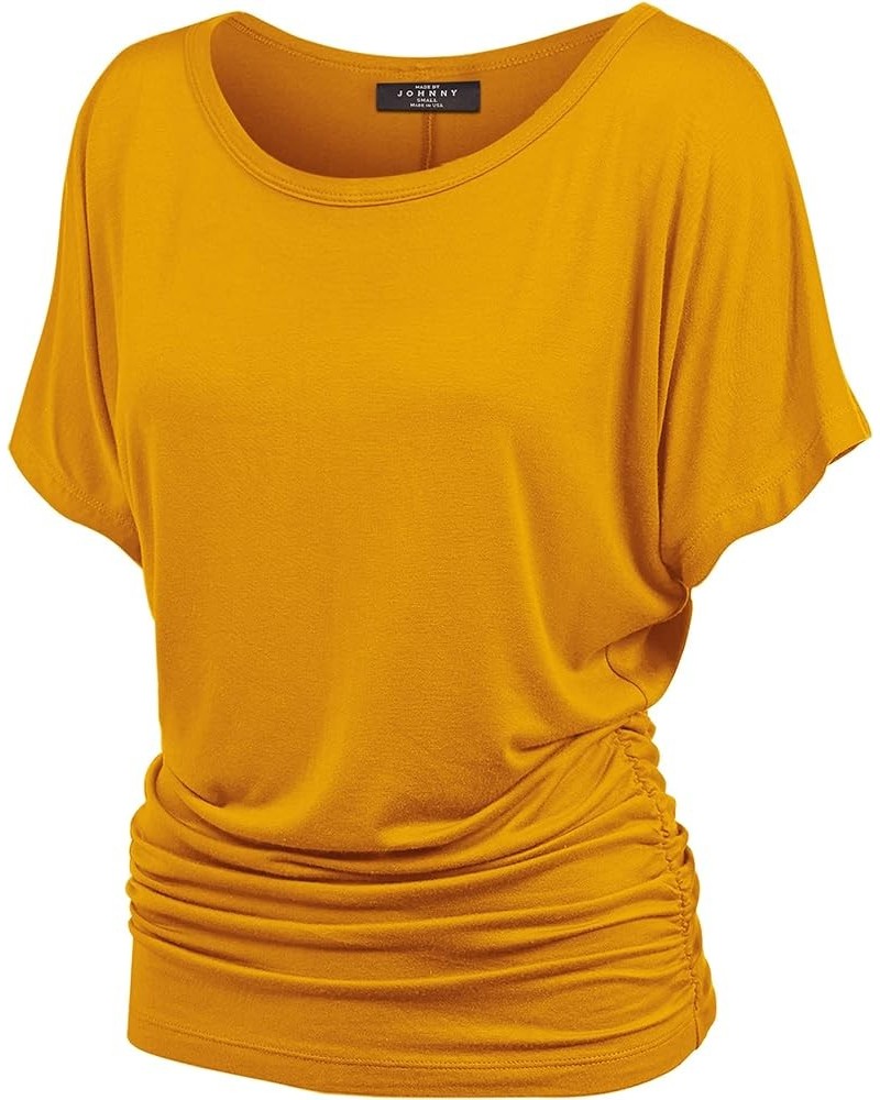 Women's Solid Short Sleeve Boat Neck V Neck Dolman Top with Side Shirring-Made in U.S.A. Wt817_mustard $10.97 T-Shirts