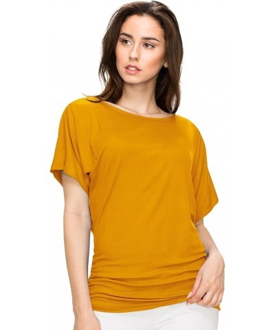 Women's Solid Short Sleeve Boat Neck V Neck Dolman Top with Side Shirring-Made in U.S.A. Wt817_mustard $10.97 T-Shirts