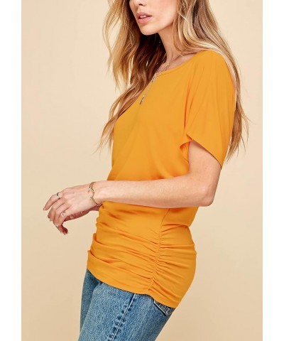 Women's Solid Short Sleeve Boat Neck V Neck Dolman Top with Side Shirring-Made in U.S.A. Wt817_mustard $10.97 T-Shirts