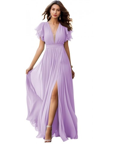 V Neck Chiffon Bridesmaid Dress with Slit Flutter Sleeve Chiffon Pleated Formal Prom Dresses for Women Lavender $30.79 Dresses