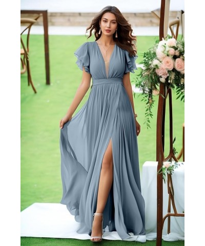 V Neck Chiffon Bridesmaid Dress with Slit Flutter Sleeve Chiffon Pleated Formal Prom Dresses for Women Lavender $30.79 Dresses