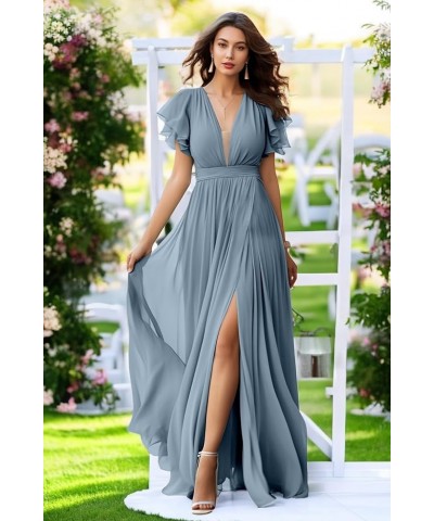 V Neck Chiffon Bridesmaid Dress with Slit Flutter Sleeve Chiffon Pleated Formal Prom Dresses for Women Lavender $30.79 Dresses