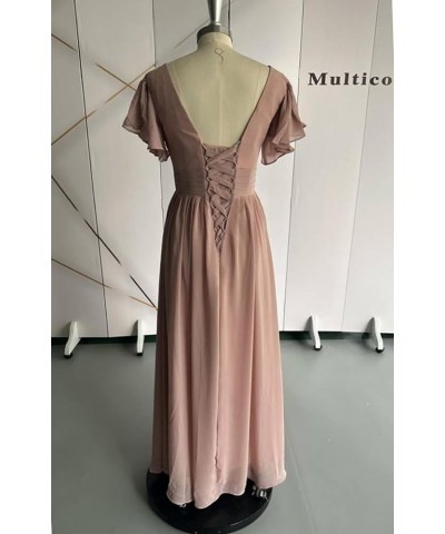 V Neck Chiffon Bridesmaid Dress with Slit Flutter Sleeve Chiffon Pleated Formal Prom Dresses for Women Lavender $30.79 Dresses