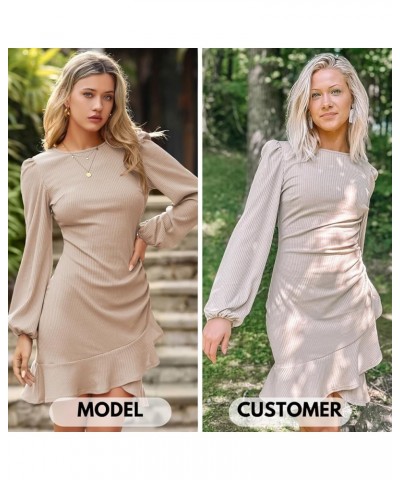 Women's 2024 Long Sleeve Bodycon Mini Dress Round Neck Knit Ruffle Ribbed Cocktail Party Sexy Dresses Apricot $19.80 Dresses