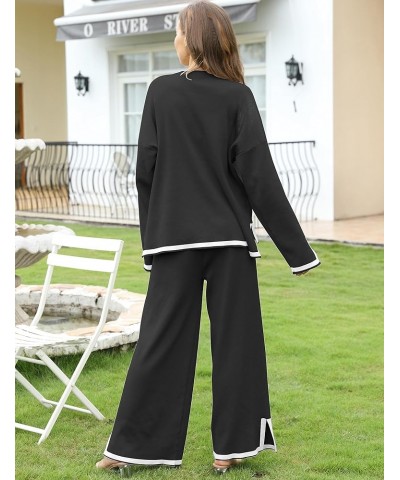 Sweater Sets Women 2 Piece Outfits Cozy Long Sleeve Knit Sweater Top Wide Leg Pants Lounge Sets Black $13.24 Activewear