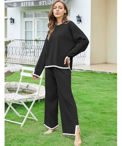 Sweater Sets Women 2 Piece Outfits Cozy Long Sleeve Knit Sweater Top Wide Leg Pants Lounge Sets Black $13.24 Activewear