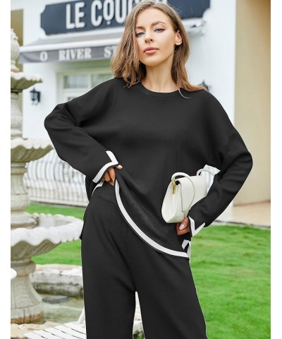 Sweater Sets Women 2 Piece Outfits Cozy Long Sleeve Knit Sweater Top Wide Leg Pants Lounge Sets Black $13.24 Activewear