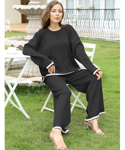 Sweater Sets Women 2 Piece Outfits Cozy Long Sleeve Knit Sweater Top Wide Leg Pants Lounge Sets Black $13.24 Activewear