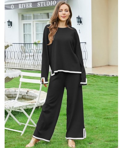 Sweater Sets Women 2 Piece Outfits Cozy Long Sleeve Knit Sweater Top Wide Leg Pants Lounge Sets Black $13.24 Activewear