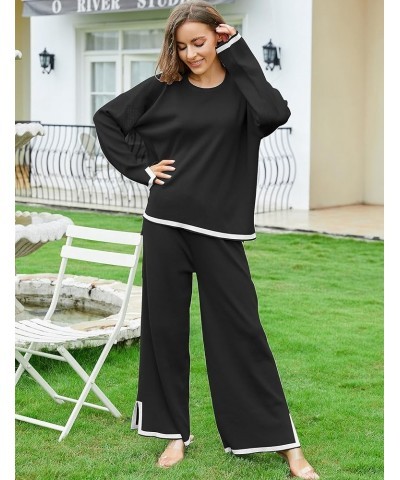 Sweater Sets Women 2 Piece Outfits Cozy Long Sleeve Knit Sweater Top Wide Leg Pants Lounge Sets Black $13.24 Activewear