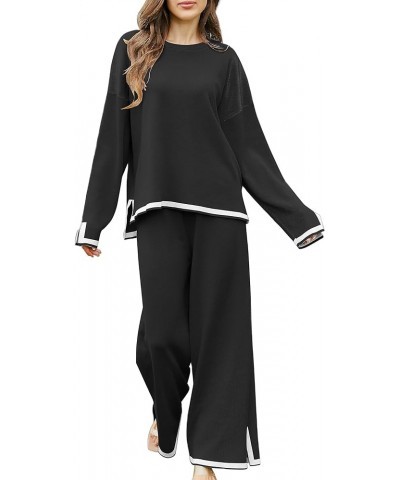 Sweater Sets Women 2 Piece Outfits Cozy Long Sleeve Knit Sweater Top Wide Leg Pants Lounge Sets Black $13.24 Activewear