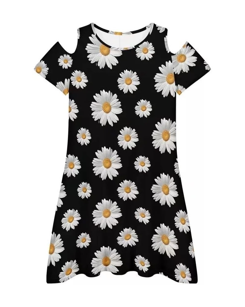 Women Cute Print Summer Cold Shoulder Flowy T-Shirt Dress Sexy Short Dresses Black White Daisy $10.61 Dresses